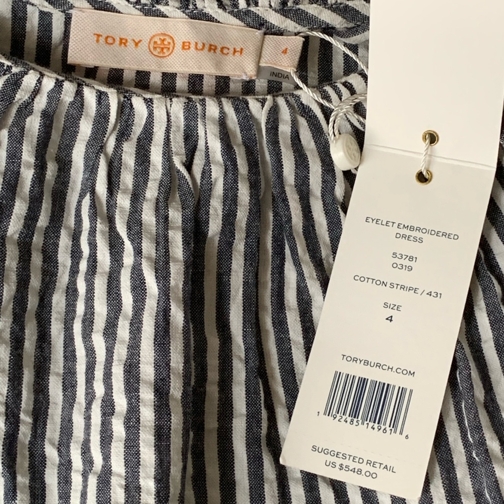 NWT Tory Burch Runway Striped Eyelet Embroidered Cotton Midi Dress Sz 4 - Picture 10 of 16